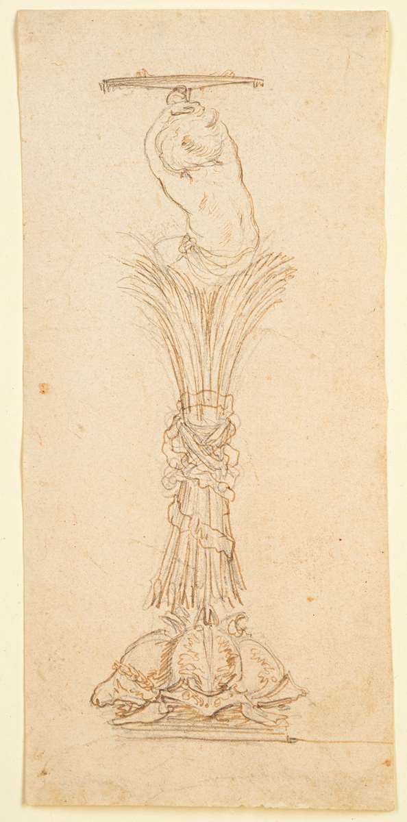 Designs for a Table Ornament: A Saltcellar(?) in the Form of a Child Resting on a Bundle of Wheatstalks, Holding a Platter